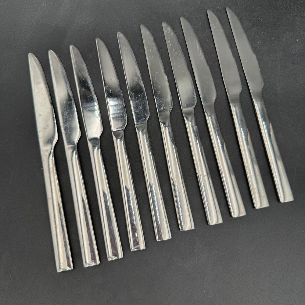 Set/10 Vtg Dinner Knives Sleekline Serrated Solid Stainless Steel MCM Monoblock